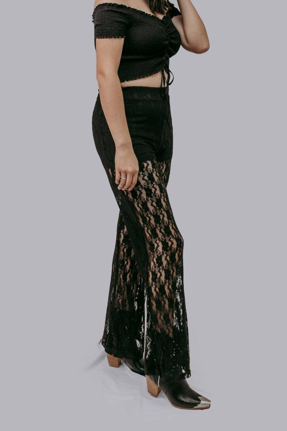 MK644 Lace Flare Pants: Black / M