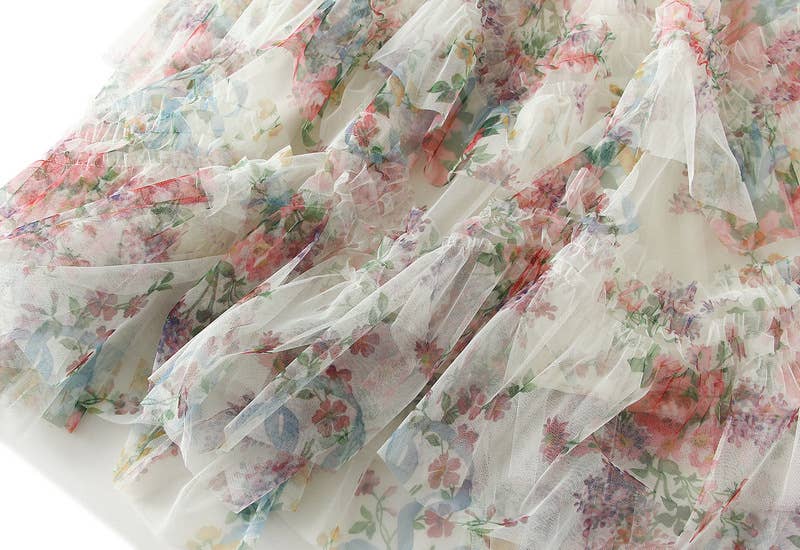 Floral tiered midi tulle skirt: Beige / M