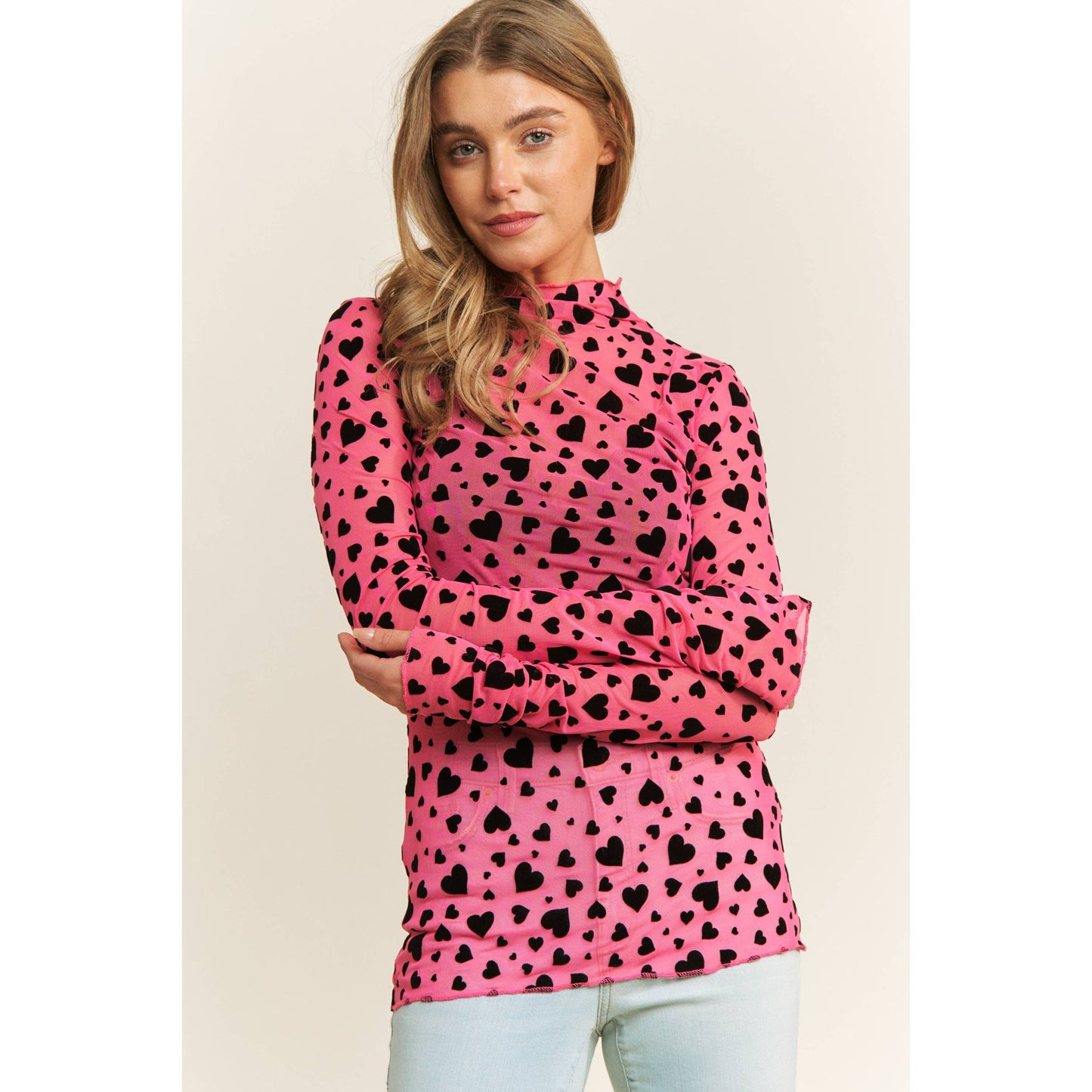 HEART COUNTRY HIGH NECK DESIGN LONG SLEEVE FITTED TOP: Hot Pink with Black Hearts / S-M-L