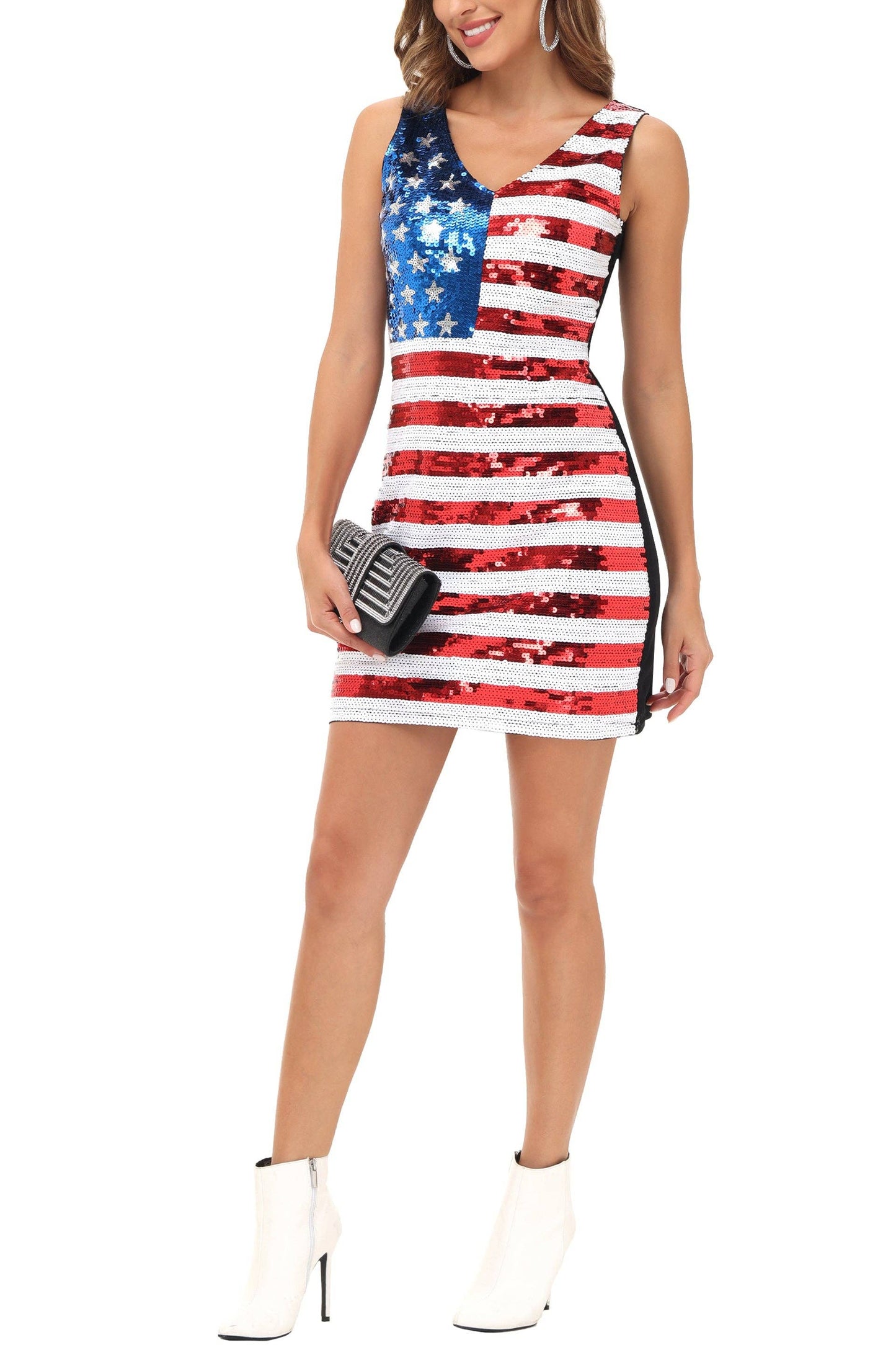 Women's American Flag Sequin Dress V-Neck Sleeveless USA Pat: Multicolored / Medium 8-10
