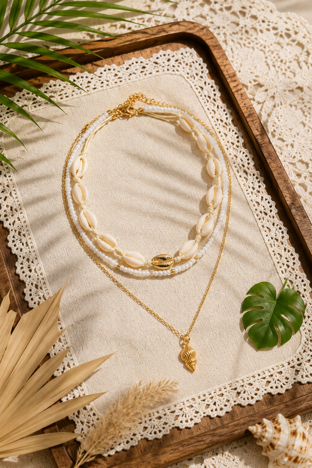 Ocean Life Pendant Necklace - 18K Gold Starfish Shell Conch: Gold Starfish & Pearl Strand