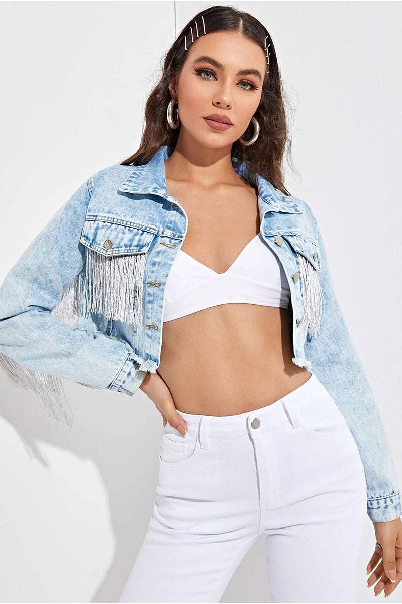 "COUNTRY GIRL" - Shimmer Fringe Detailed Crop Denim Jacket