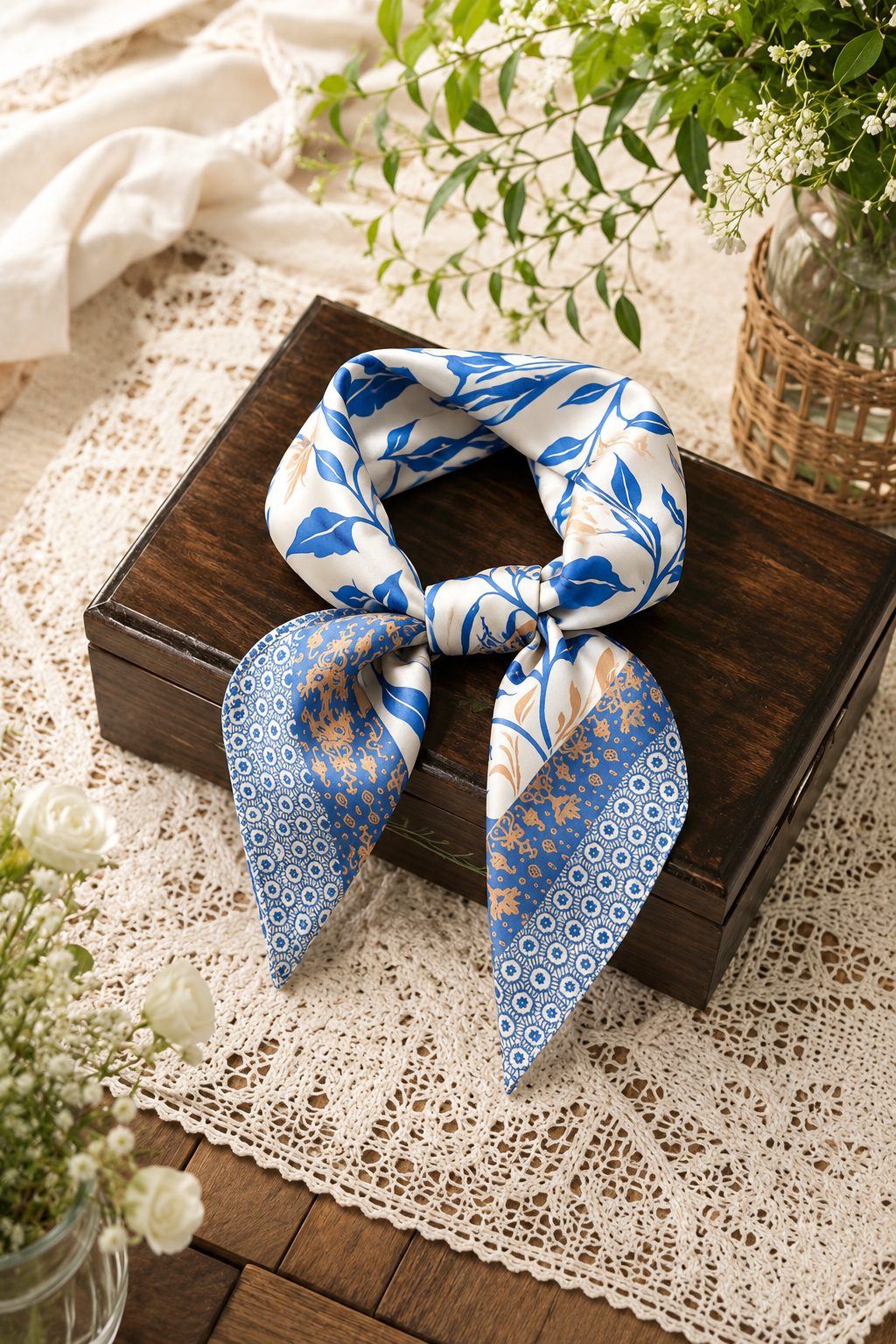 Boho Floral Satin Hair Bandana | Silk Feeling Purse Scarf: Santorini Blue