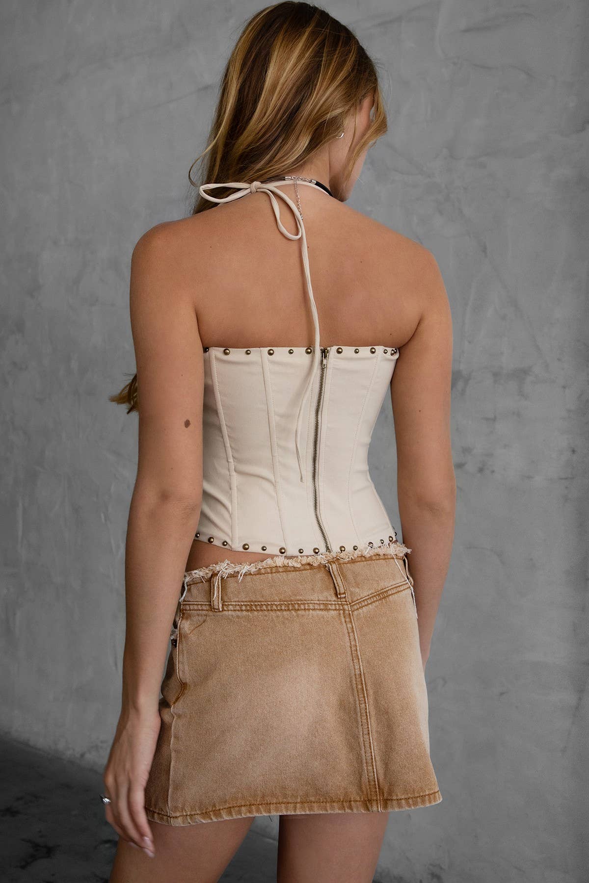 RAELYNN Embroidered Western Halter Bustier Corset Top: Cream