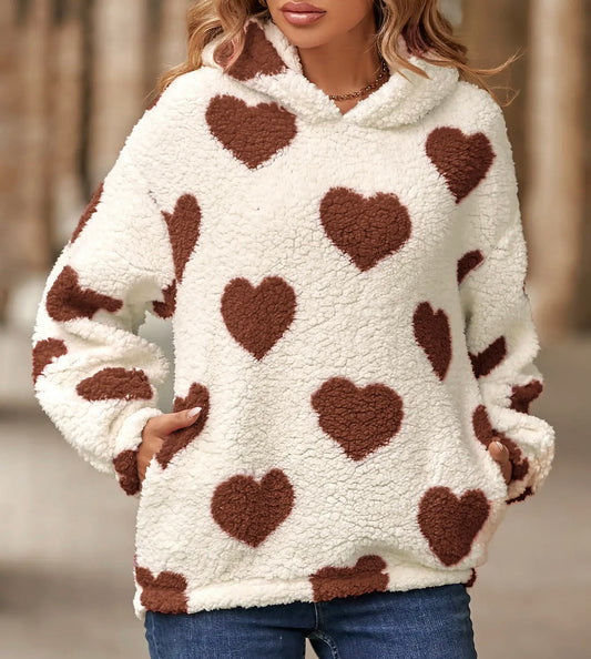 Heart Print Sherpa Pull Over Hoodie with Pockets