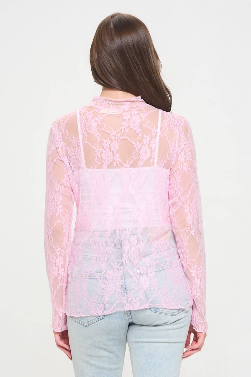 Floral print lace long sleeves top KRT1739: FUCHSIA / XL