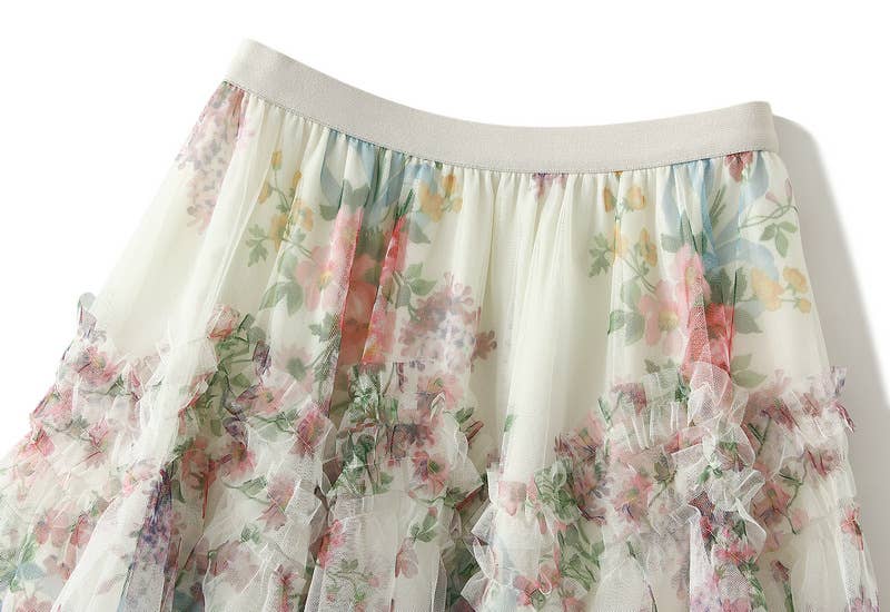 Floral tiered midi tulle skirt: Black / M