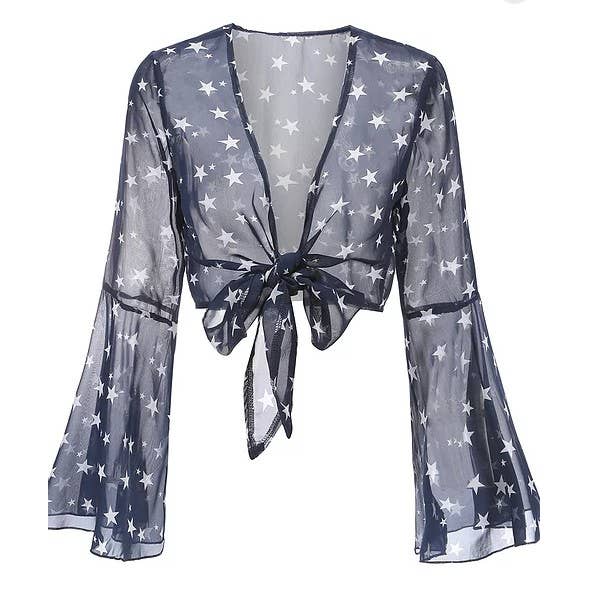 STAR PRINT BELL SLEEVE TIE UP MESH TOP: NAVY