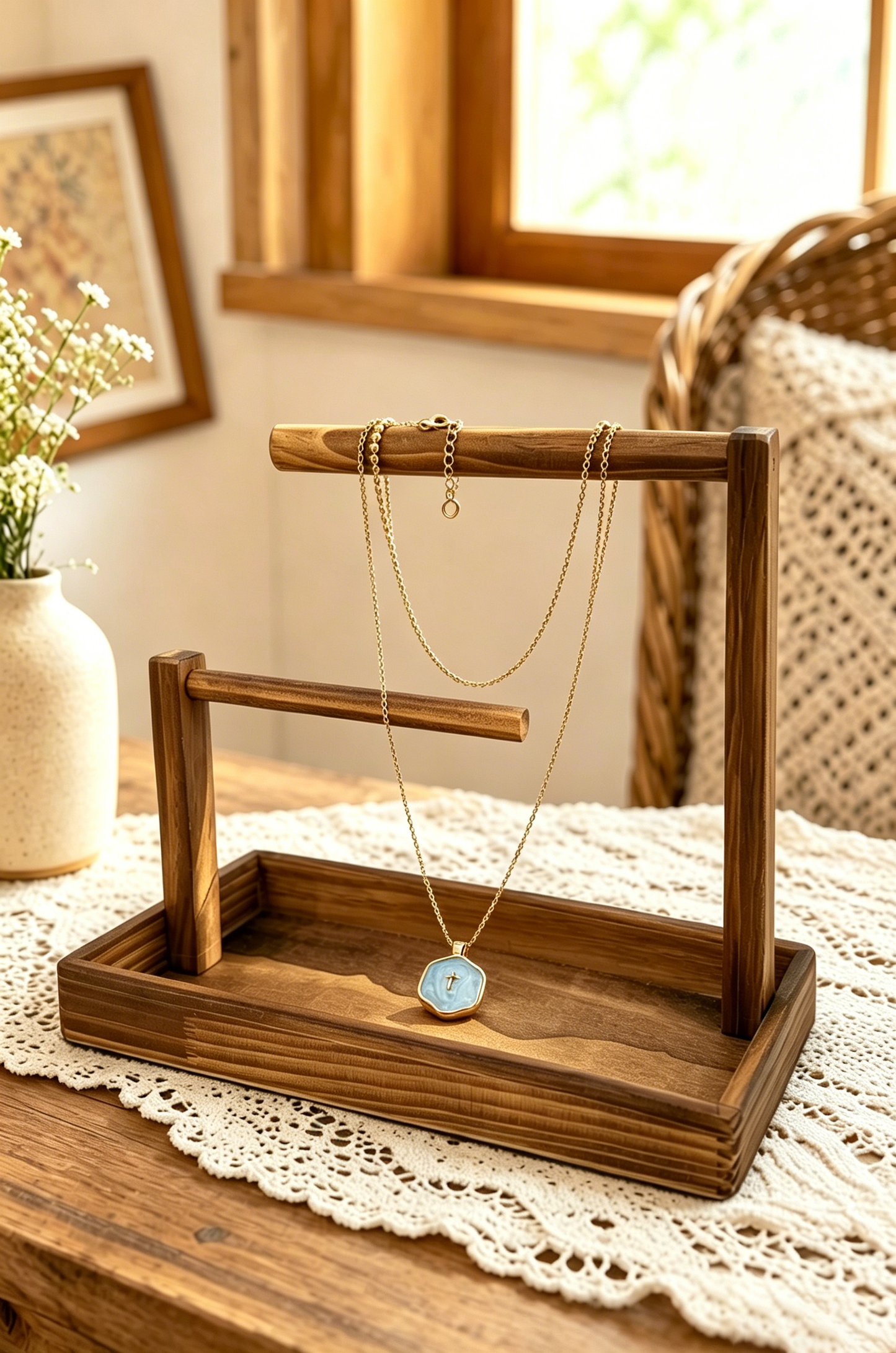 Hexagon Coastal Cross Necklace Goldtone Marine Enamel Chain: Blue