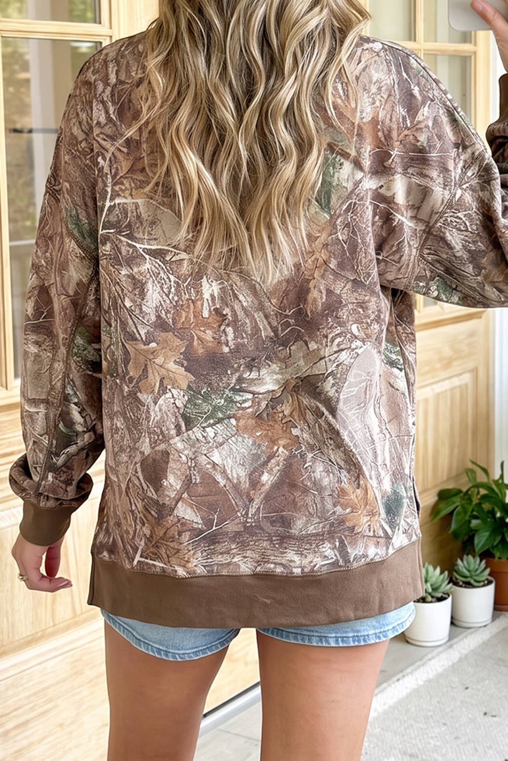 66 Abstract Camo Print Color Block Detail Sweatshirt (S-XL): Brown / M