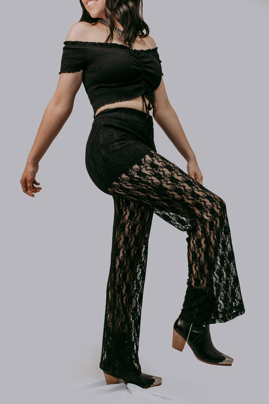 MK644 Lace Flare Pants: Black / S