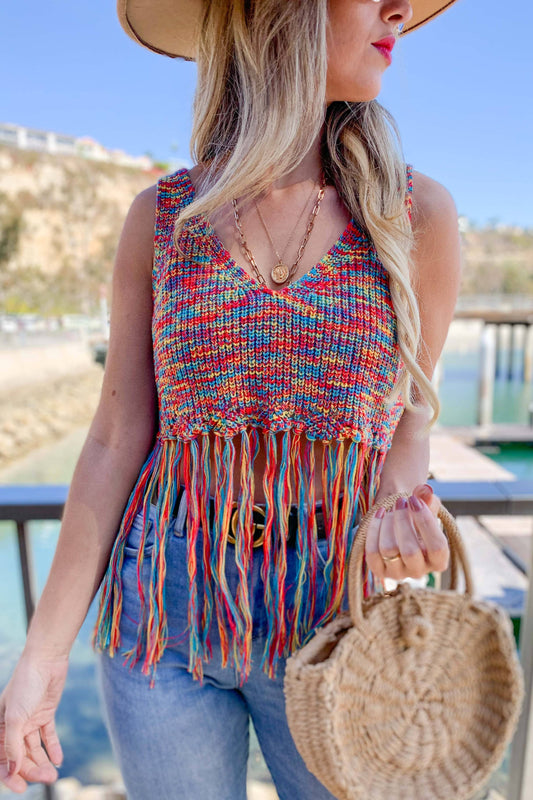 Crochet Knit Crop Top With Bottom Fringe: S/M / Multi-Colored