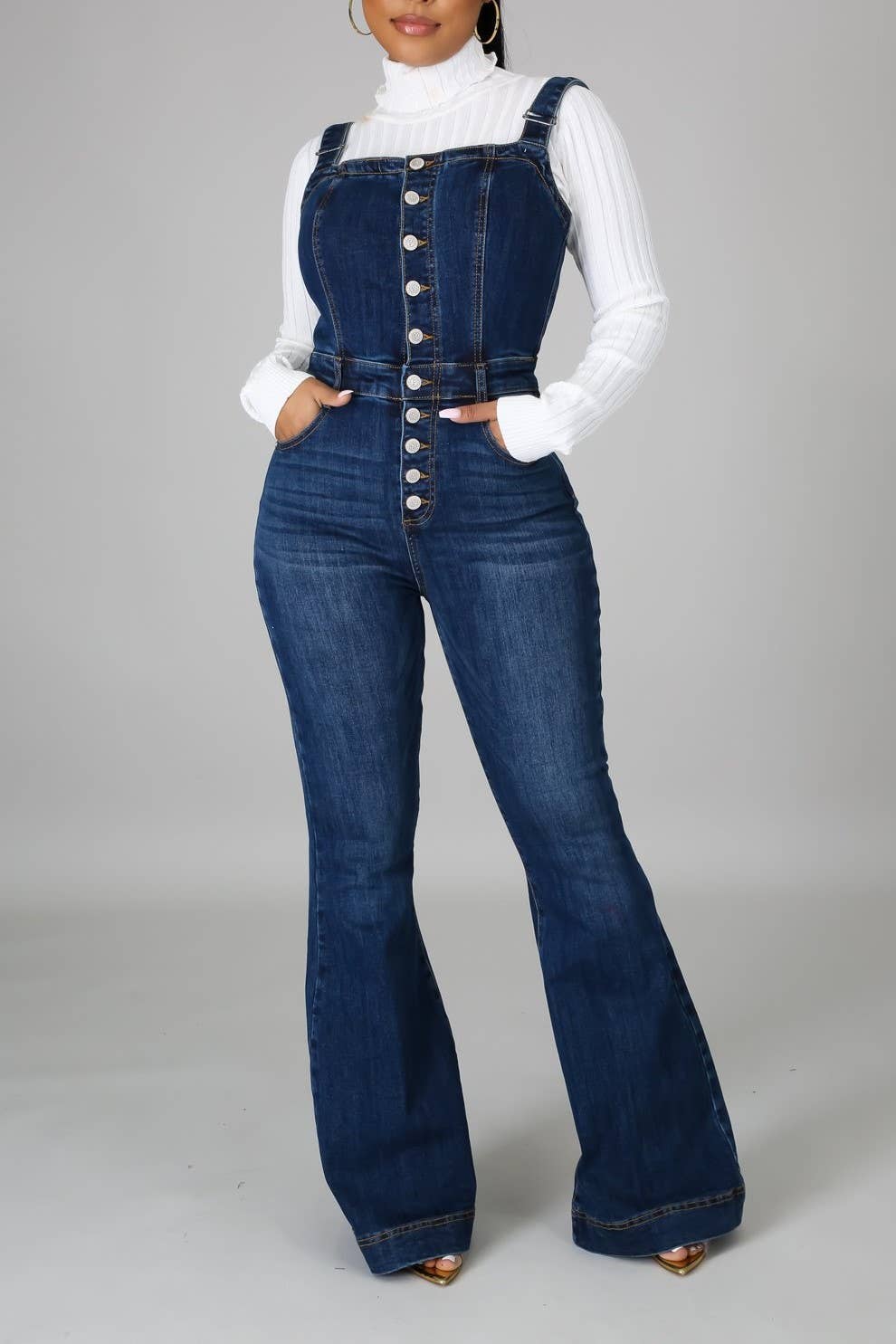 High rise Buttons denim bootcut overalls: Blue / L