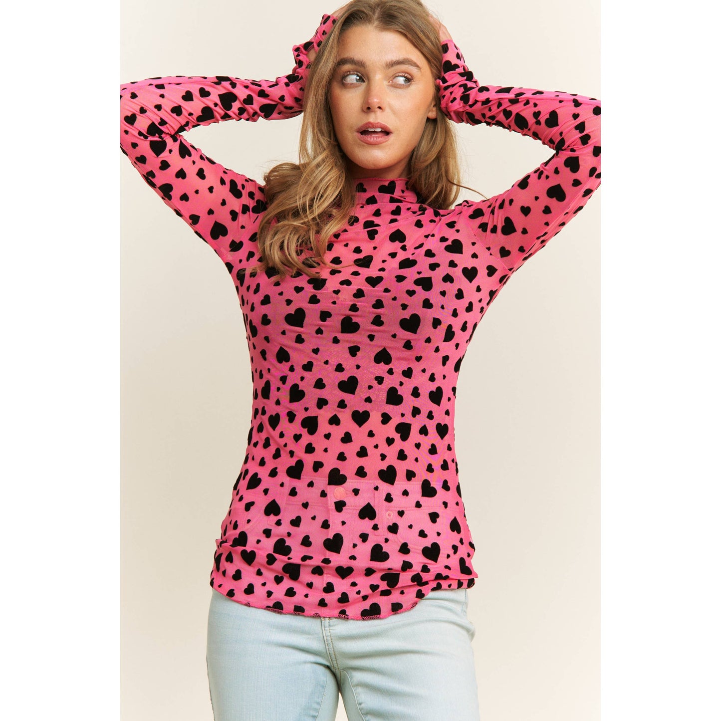 HEART COUNTRY HIGH NECK DESIGN LONG SLEEVE FITTED TOP: Hot Pink with Black Hearts / S-M-L