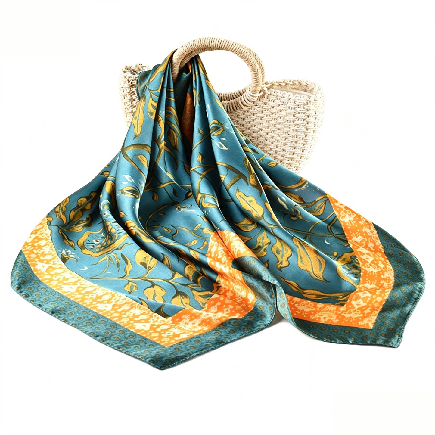 Boho Floral Satin Hair Bandana | Silk Feeling Purse Scarf: Santorini Blue