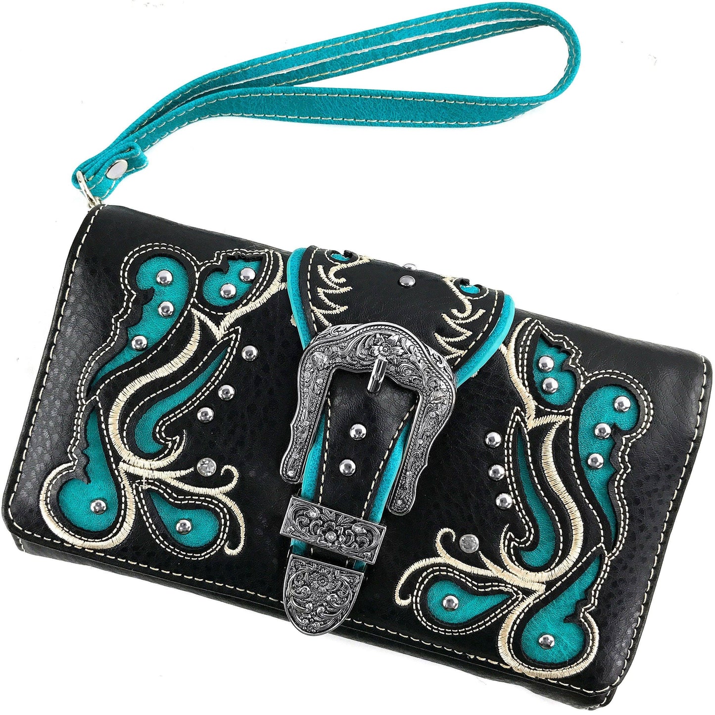 Western Floral Print Buckle Crossbody Wallet: Blue