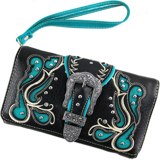 Western Floral Print Buckle Crossbody Wallet: Blue