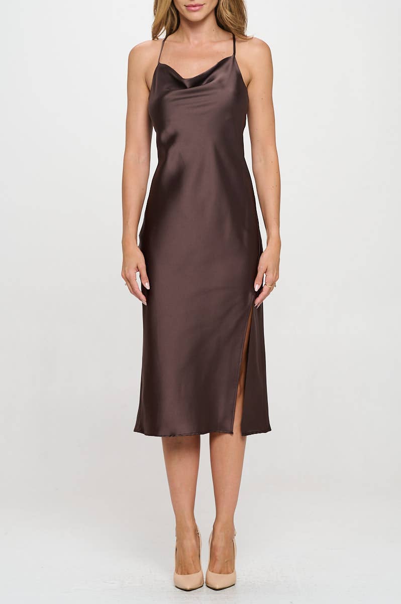 Made in USA Satin Bias Slip Dress with Slit: Chocolate / S