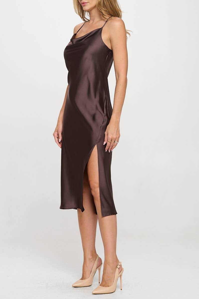 Made in USA Satin Bias Slip Dress with Slit: Chocolate / S
