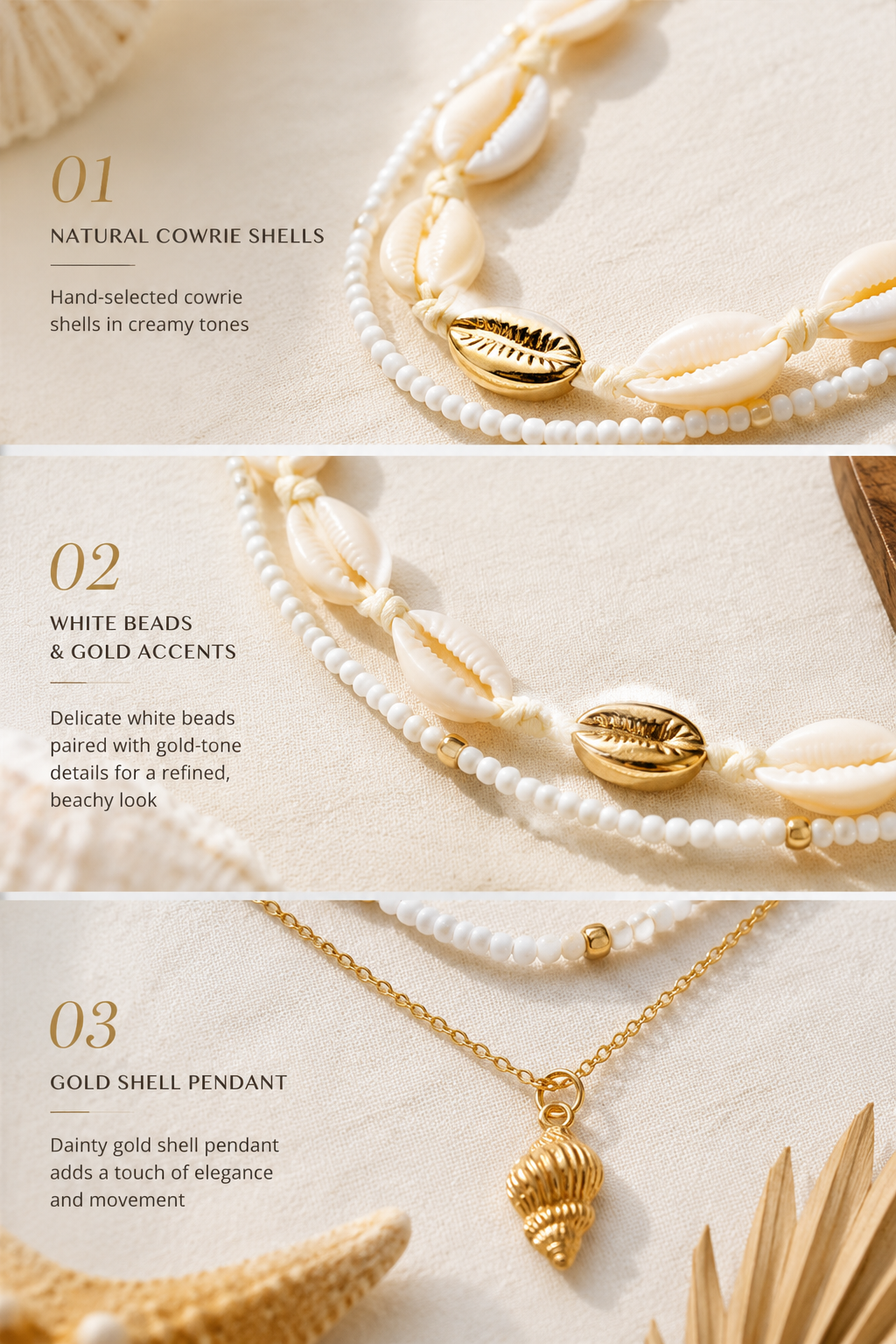 Ocean Life Pendant Necklace - 18K Gold Starfish Shell Conch: Gold Starfish & Pearl Strand