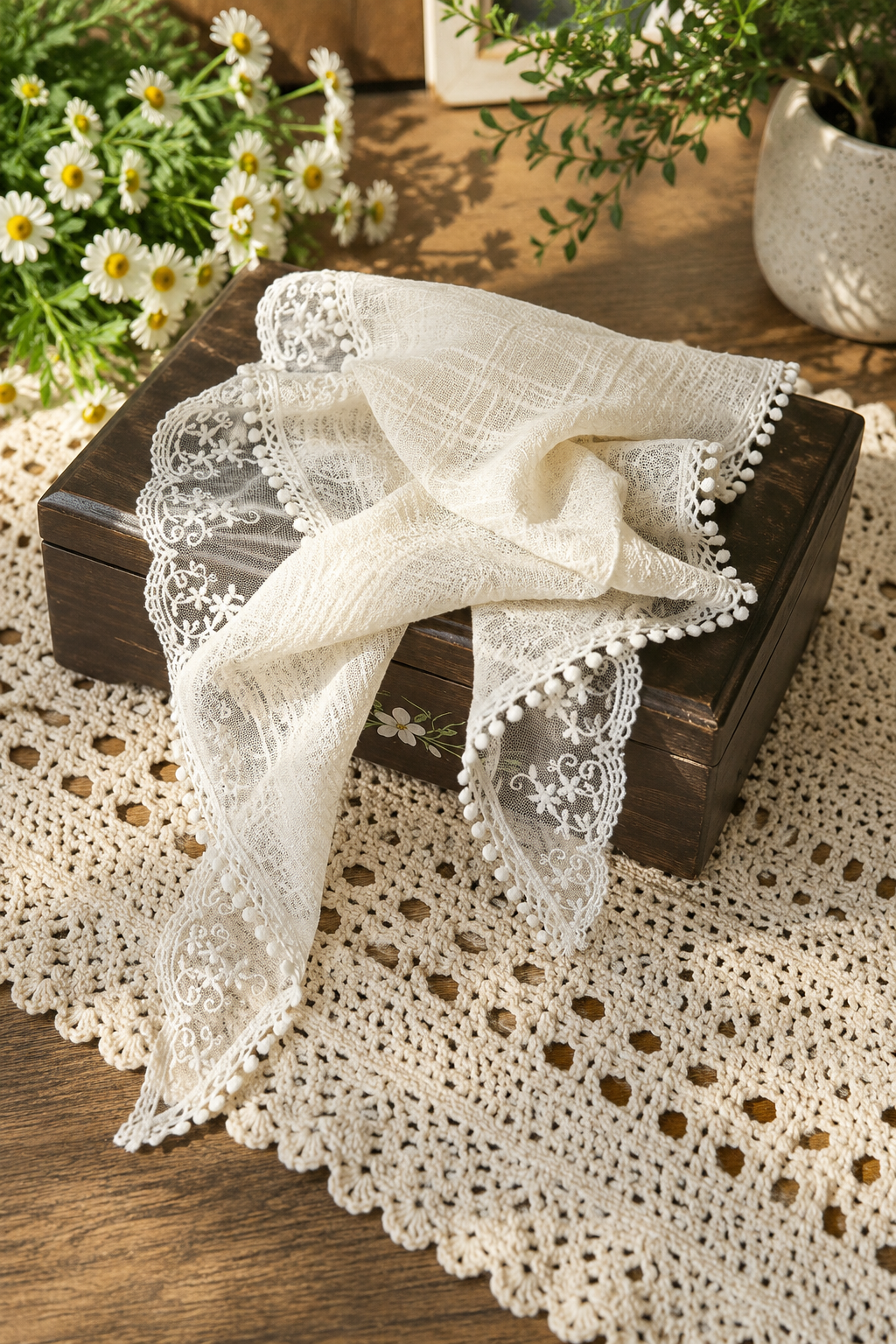Retro French Lace Hair Scarf | Sheer Linen-Look Kerchief