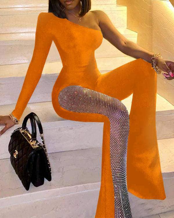 Rhinestone one shoulder flare leg skinny jumpsuit: BLACK / 1-1-1-1 / S-M-L