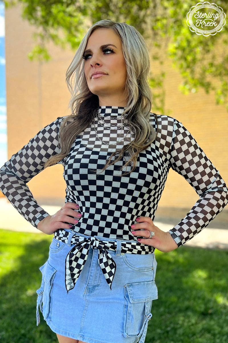 Round The Track Mesh Top -  Black and White Checkered