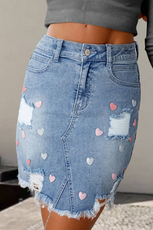 Heart Print Valentine's Distressed Denim Mini Skirt | S-XL: As shown / Missy / S