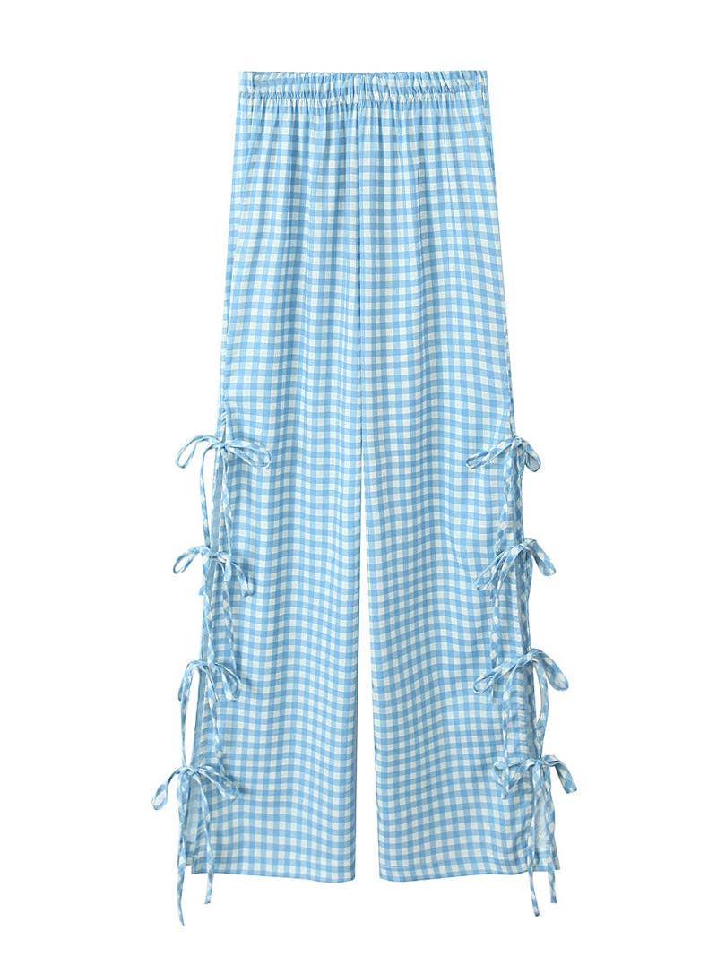 Gingham Side-Bow Pants: LIGHT BLUE / M