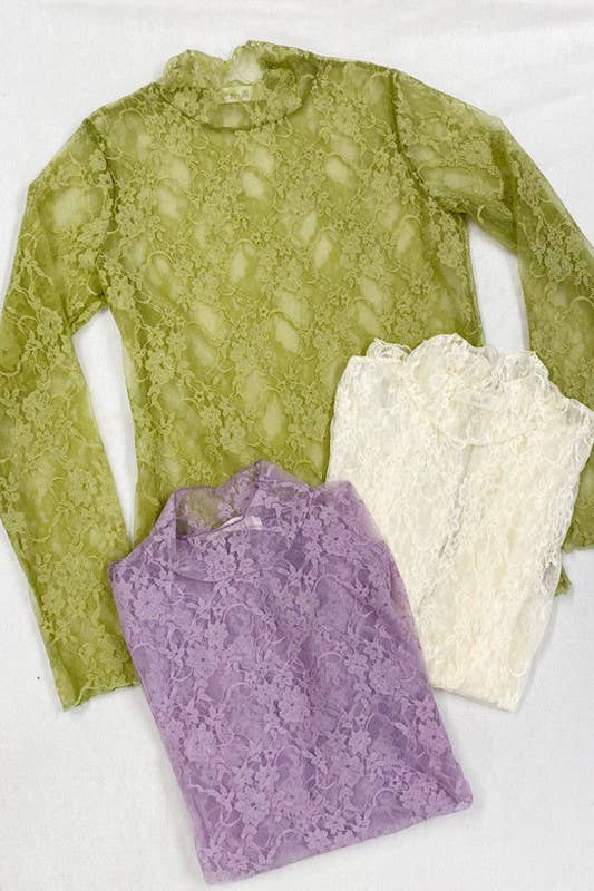 Floral print lace long sleeves top KRT1739: FUCHSIA / M