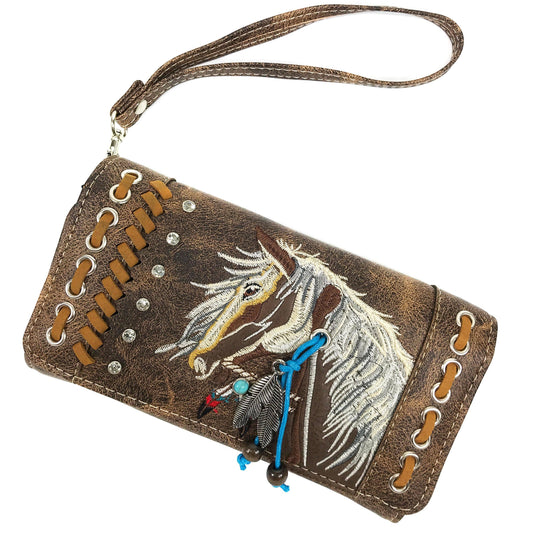 Horse Embroidery Western Crossbody Wristlet Wallet: Brown