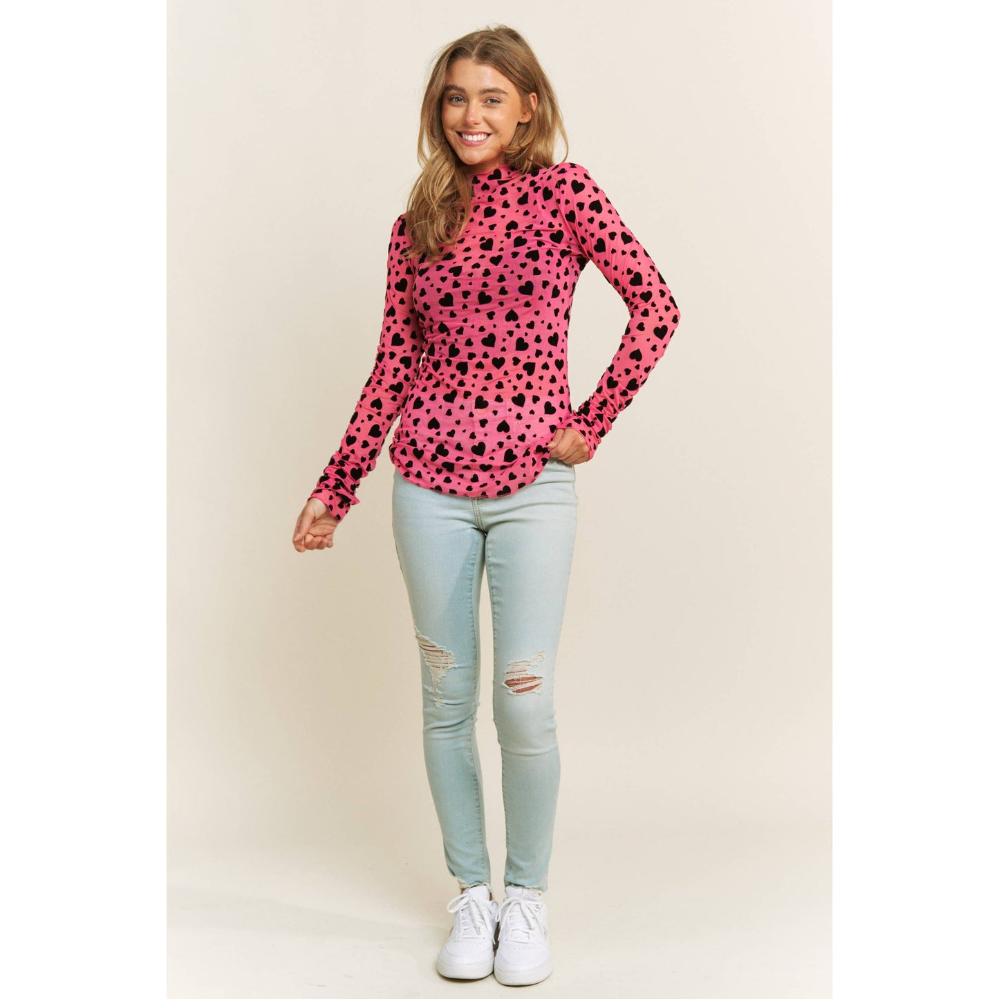 HEART COUNTRY HIGH NECK DESIGN LONG SLEEVE FITTED TOP: Hot Pink with Black Hearts / S-M-L