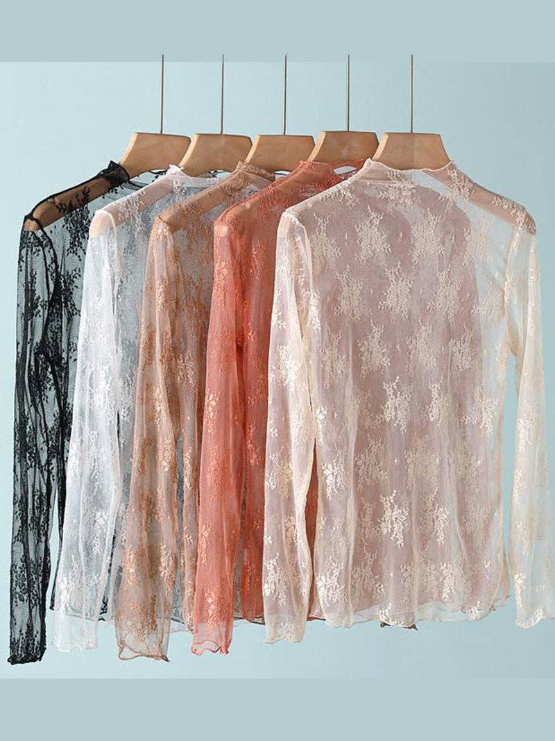 Lace Long Sleeve Top: BEIGE / L/XL