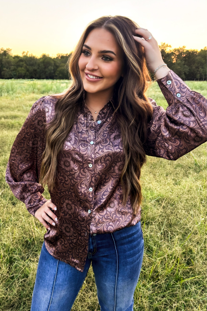 Bronzed Bloom Button Up: L