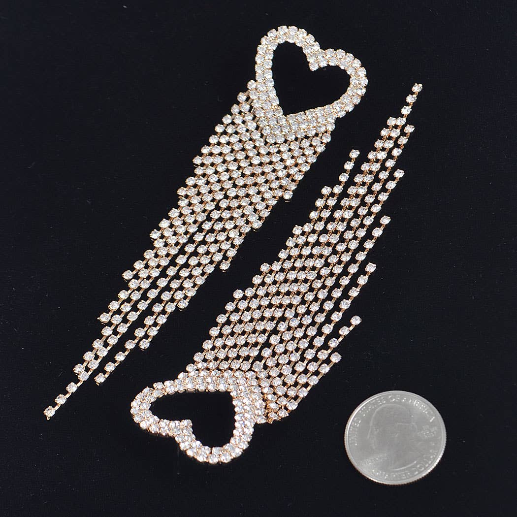 Rhinestone Heart Fringe Earring: Clear Gold