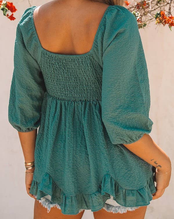 Ruffle Smocked Babydoll Top: M / Green