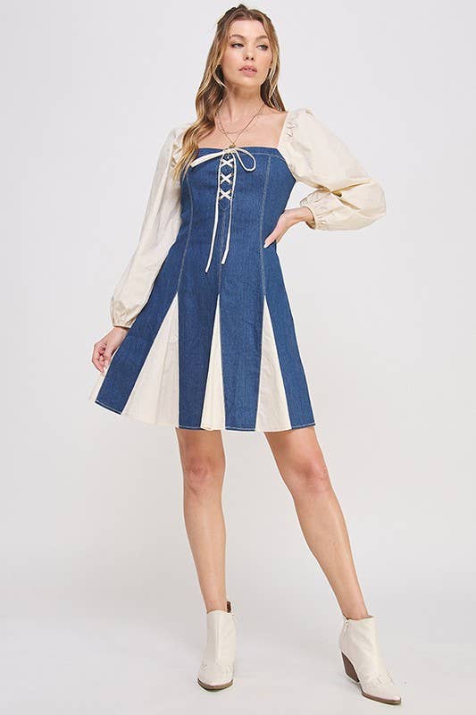 LONG SLEEVE 2-TONE LACE UP DENIM FLONCE DRESS: DENIM / S