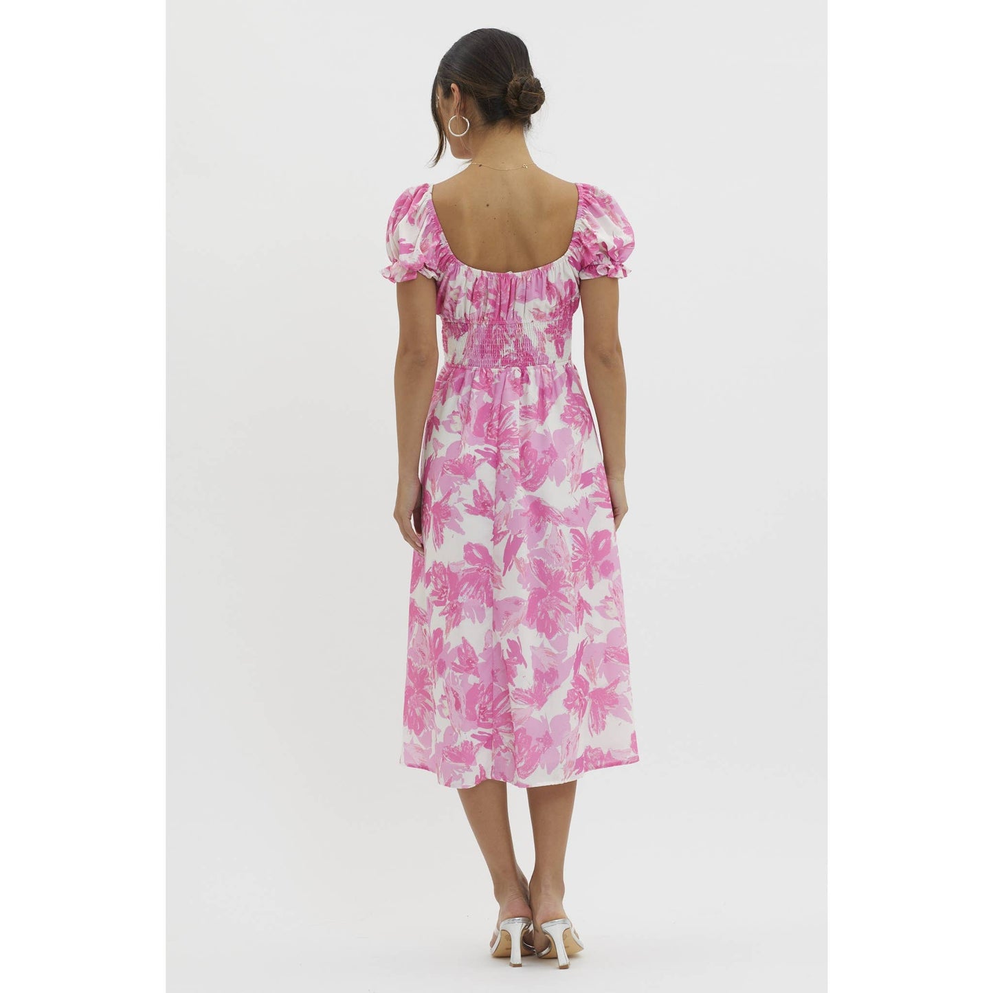 "Ansley" FLORAL PRINT RUCHED DETAIL RUFFLE SLEEVED MIDI DRESS WITH SIDE SLIT