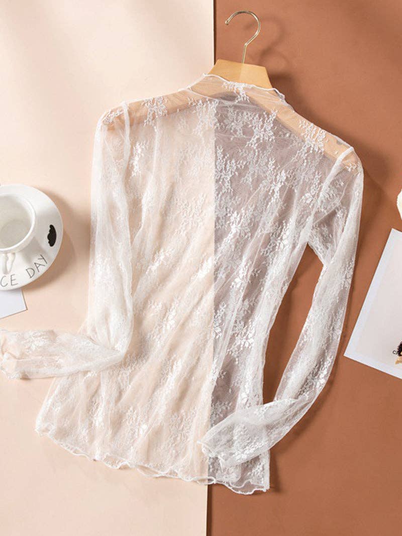 Lace Long Sleeve Top: BEIGE / L/XL