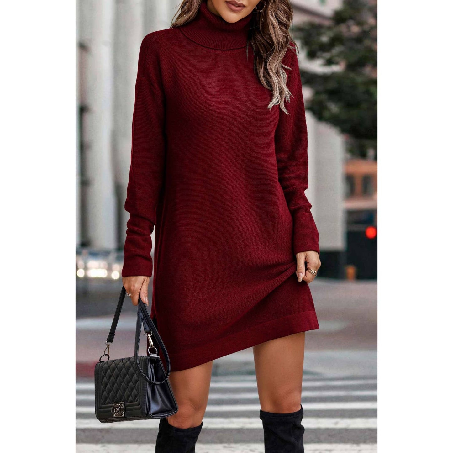 Roll Neck Knit Solid Sweater Dress: BLACK / M