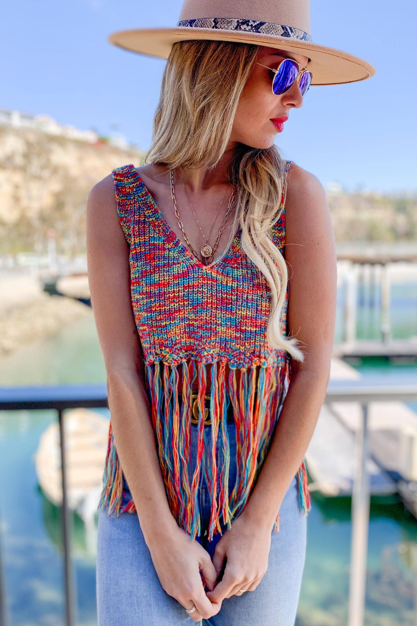 Crochet Knit Crop Top With Bottom Fringe: M/L / Multi-Colored