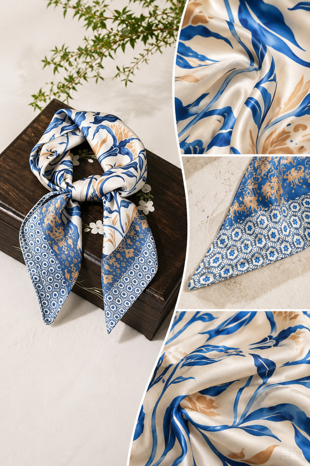 Boho Floral Satin Hair Bandana | Silk Feeling Purse Scarf: Santorini Blue