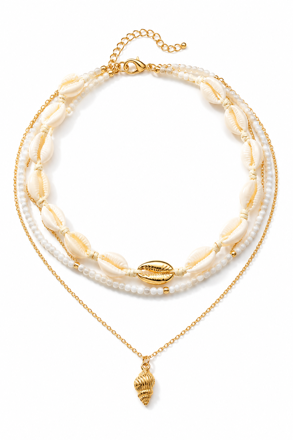 Ocean Life Pendant Necklace - 18K Gold Starfish Shell Conch: Gold Starfish & Pearl Strand