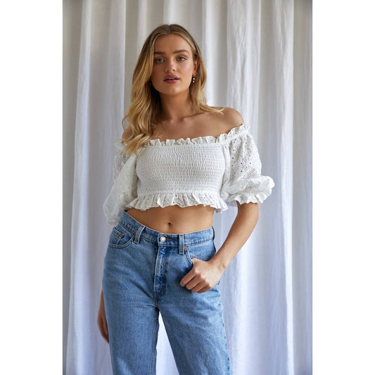 Off Shoulder Smocked Crop Top