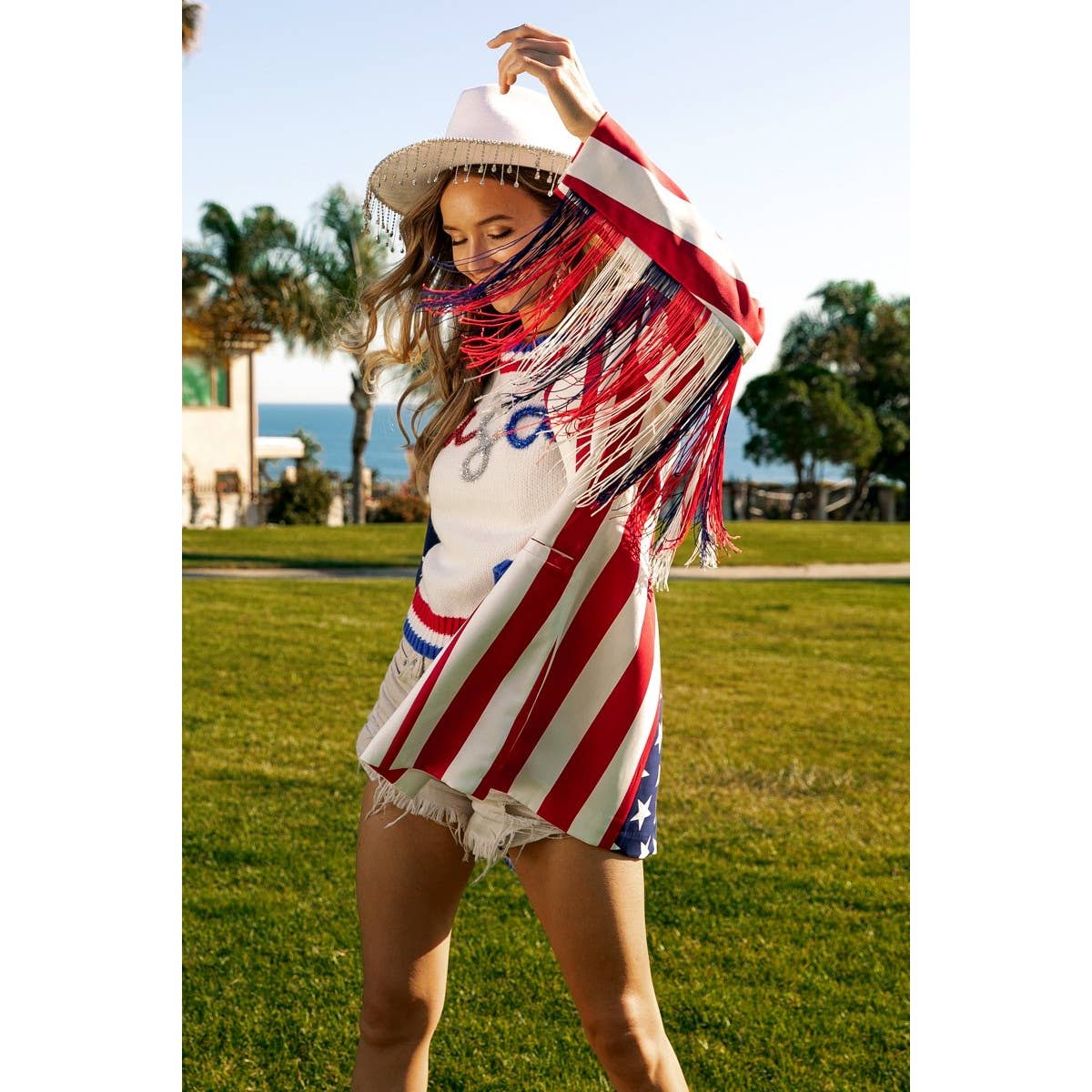 AMERICAN FLAG THEME FRING SLEEVE PEAK LAPEL BLAZER: AMERICAN FLAG