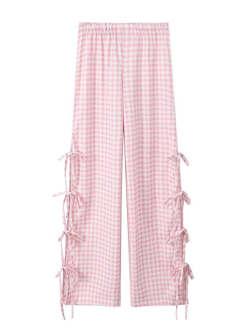 Gingham Side-Bow Pants: LIGHT PINK / L