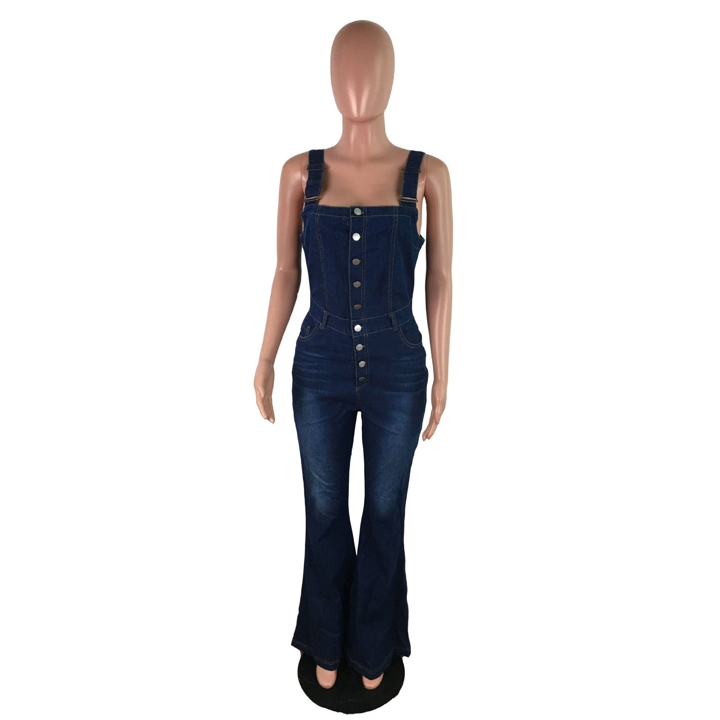 High rise Buttons denim bootcut overalls: Blue / L