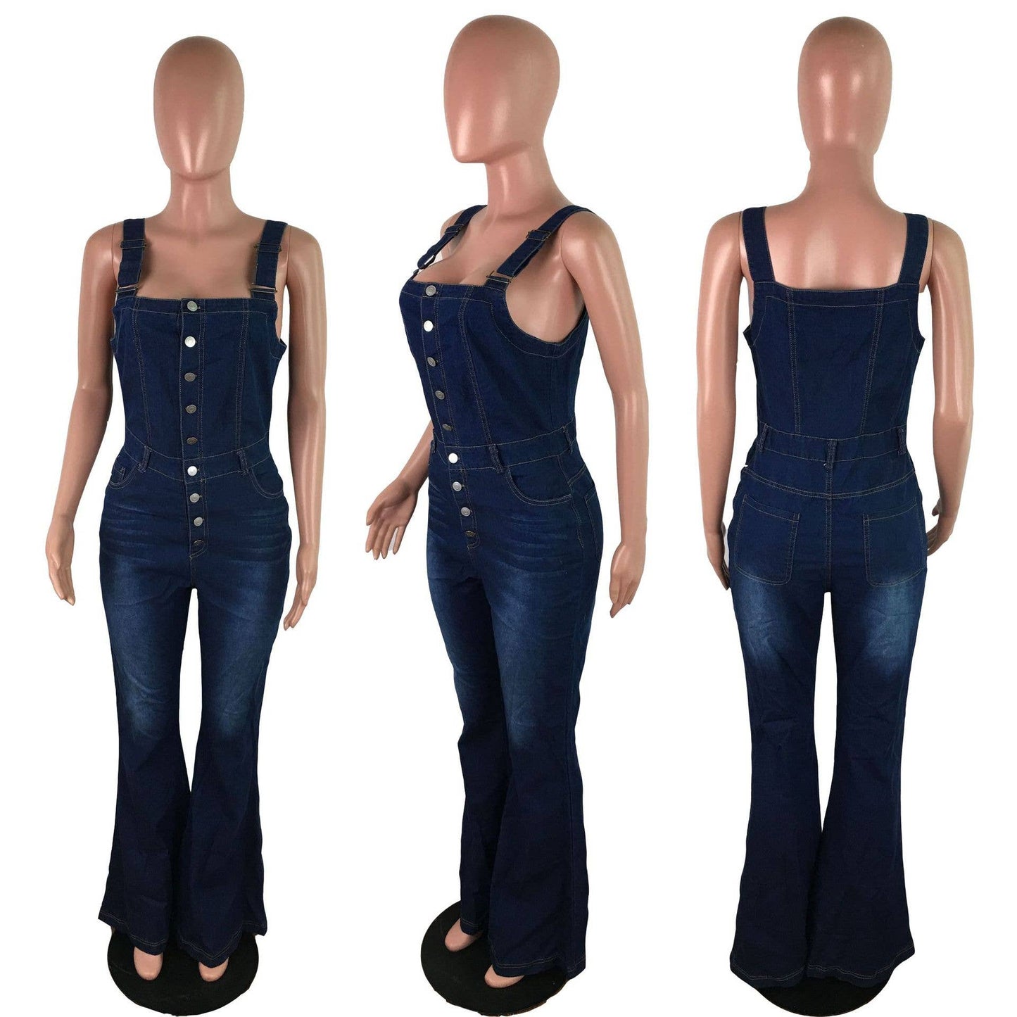 High rise Buttons denim bootcut overalls: Blue / L