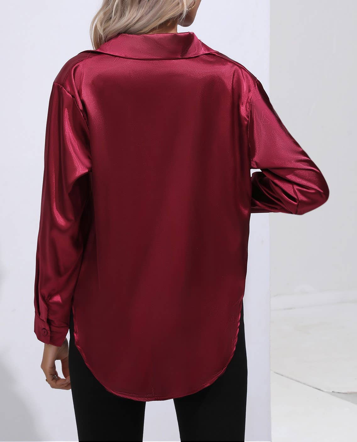 Satin Faux Silk Long-Sleeved Shirt Red