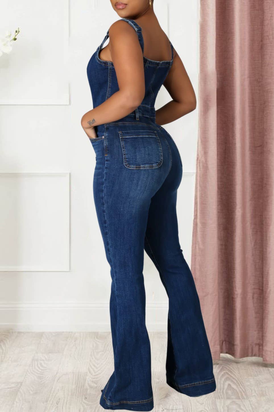 High rise Buttons denim bootcut overalls: Blue / L